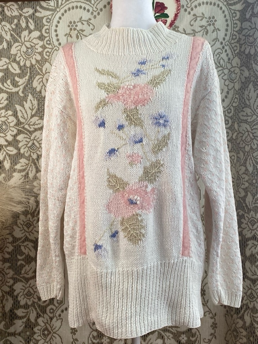 Jennifer Reed-Cottagecore Hand Knit Floral Sweater Vintage Mock Neck Pink White